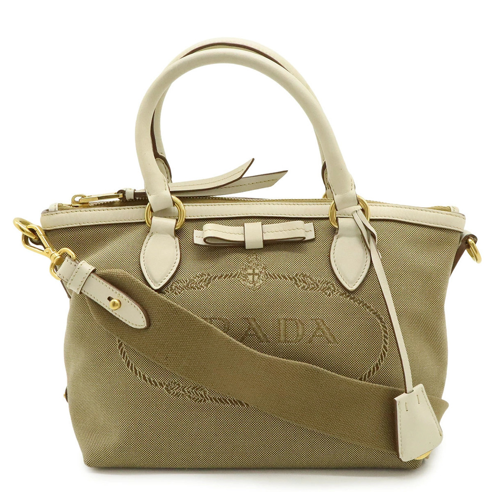 Prada Jacquard Ribbon Handbag Tote Bag Shoulder Canvas Beige Cream Ivory White
